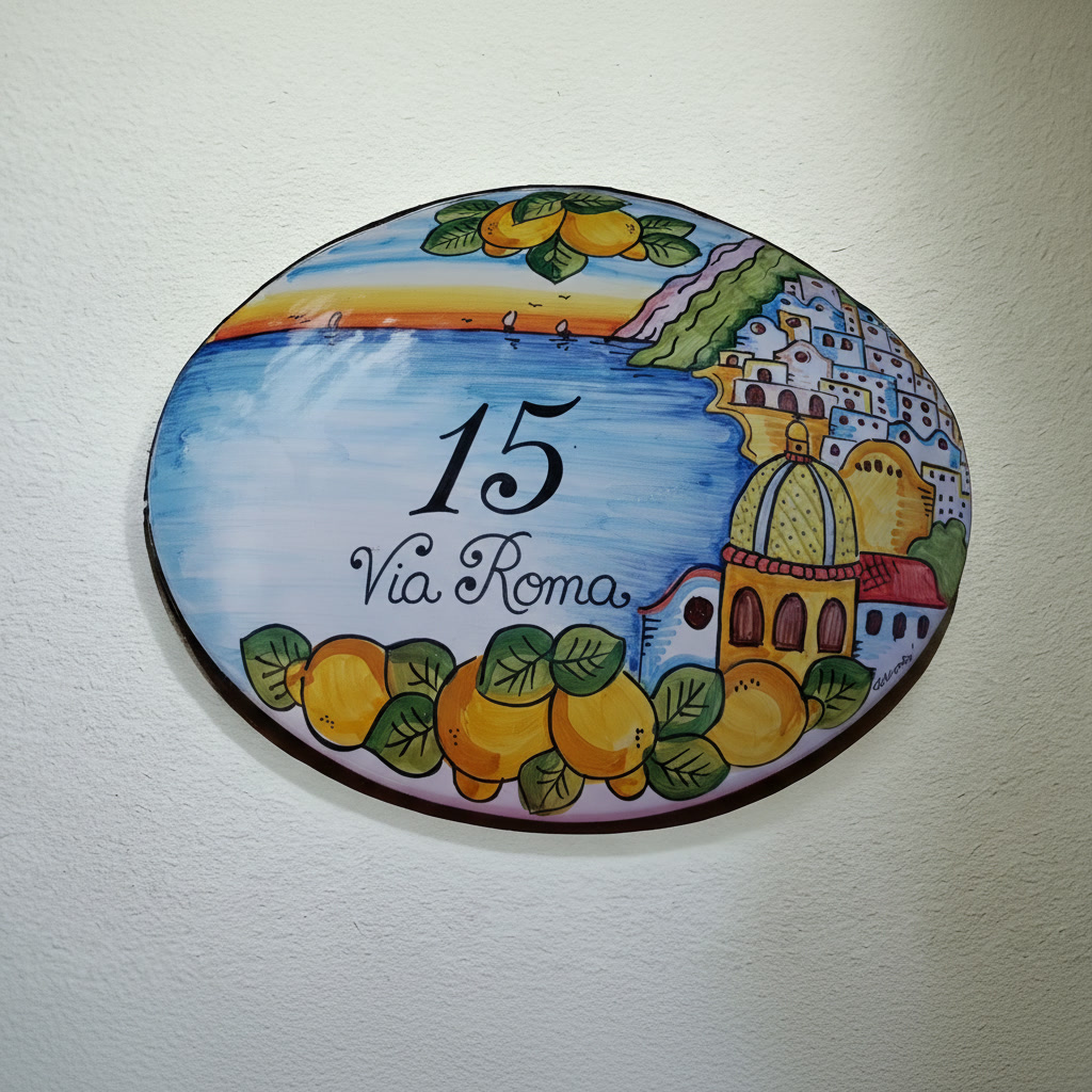 Numero civico artigianale in ceramica dipinta a mano, stile Costiera Amalfitana. Prodotto Made in Italy realizzato da maestri decoratori con decori mediterranei.
