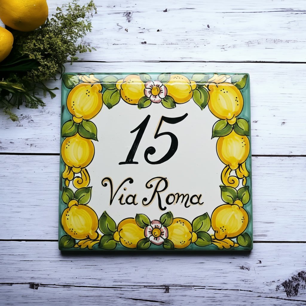 Numero civico quadrato in ceramica artigianale con decoro mediterraneo dipinto a mano.
