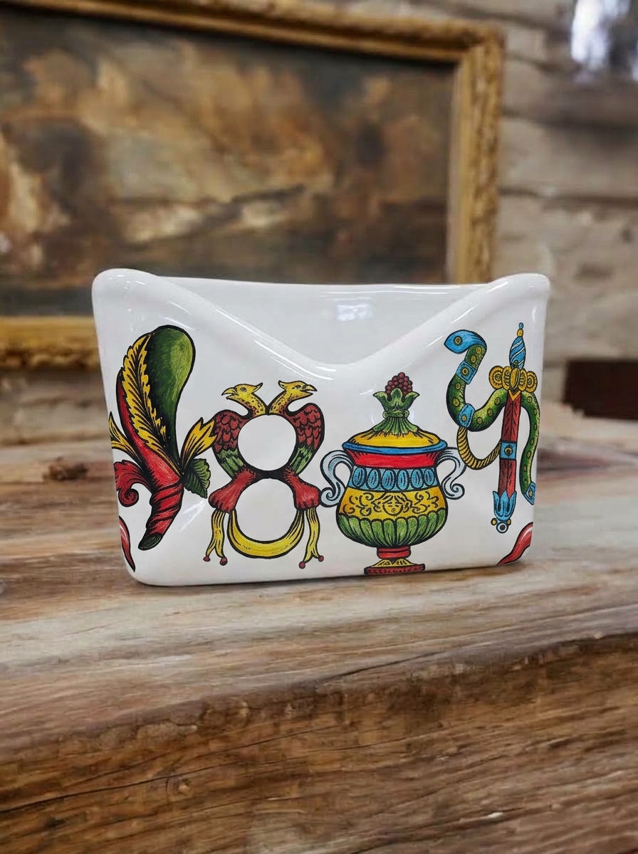 Porta posta in ceramica italiana dipinto a mano con decorazione Assi Napoletani – Made in Italy.
