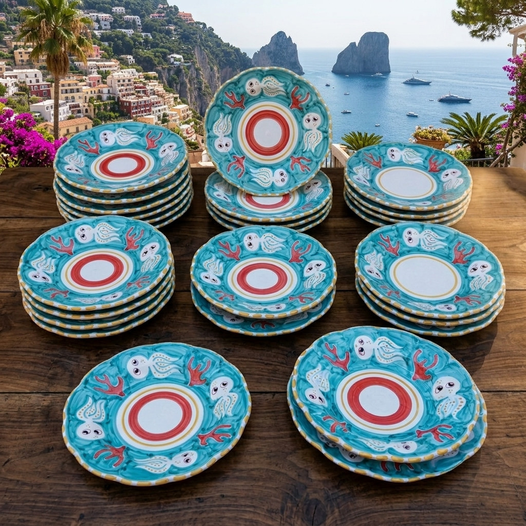 Servizio di piatti in ceramica dipinta a mano con decorazioni artigianali in stile mediterraneo, ispirate a Costiera Amalfitana, Amalfi e Positano.