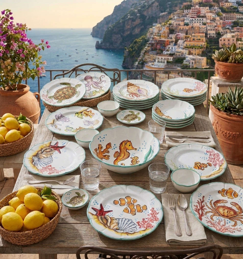 Servizio di piatti in ceramica dipinta a mano con decorazioni di conchiglie, stelle marine e coralli, ispirato al mare Mediterraneo e allo stile di Amalfi, Positano e Costiera Amalfitana.