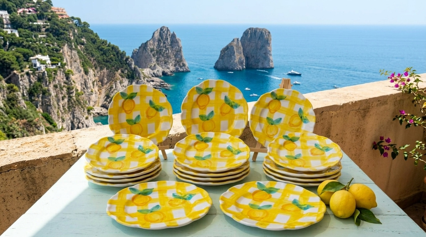 Servizio di piatti in ceramica dipinta a mano con decorazioni di limoni, ispirato allo stile mediterraneo di Amalfi, Positano e Costiera Amalfitana.