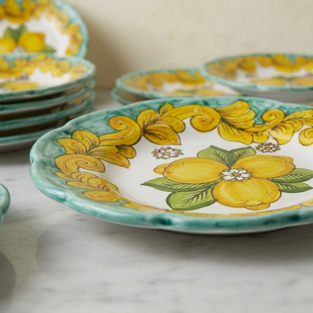 Servizio di piatti in ceramica dipinta a mano con decorazioni di limoni, ispirato allo stile mediterraneo di Amalfi, Positano e Costiera Amalfitana.