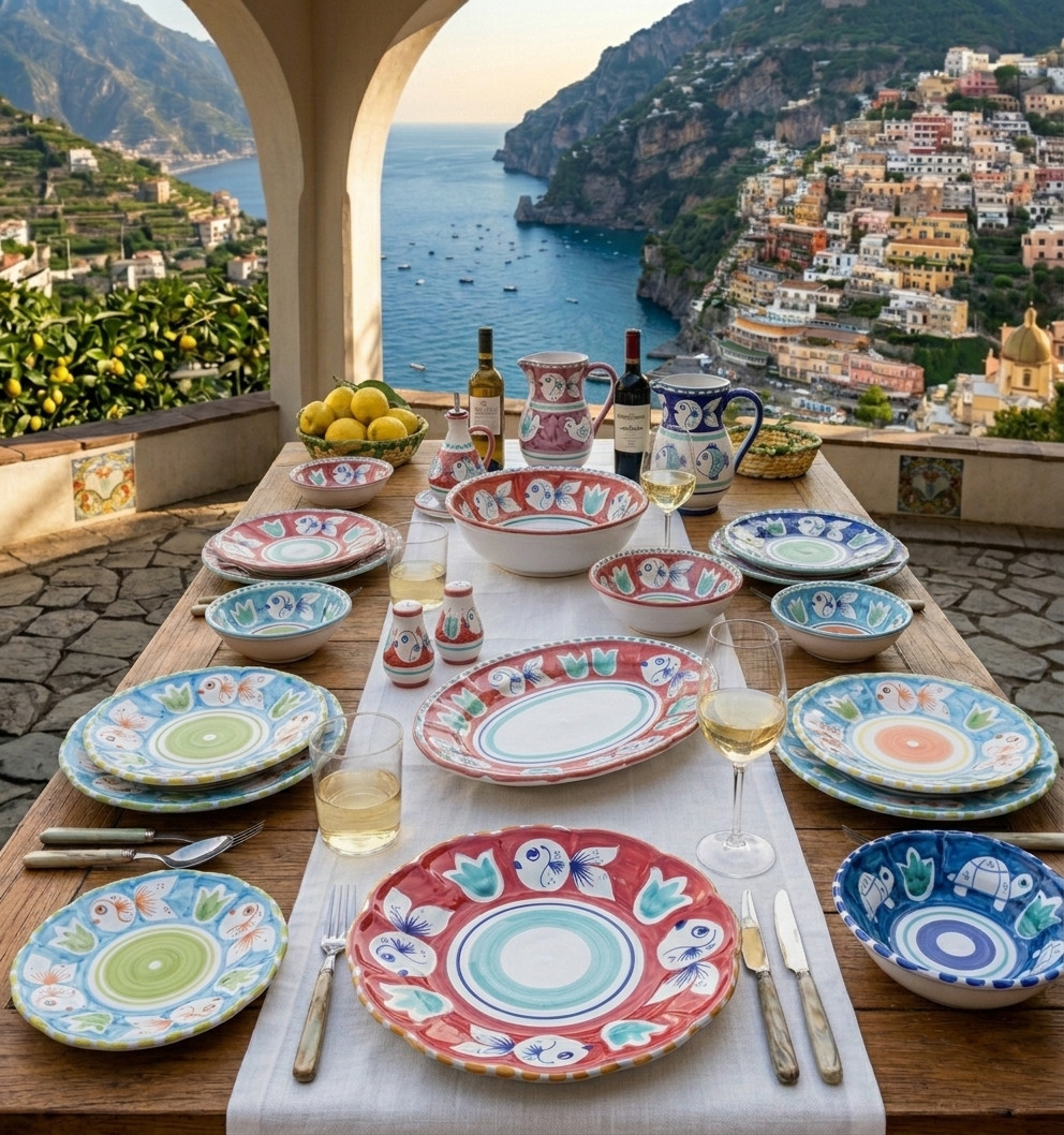 Servizio di piatti Amalfi in ceramica dipinta a mano, disponibile da 18 e 36 pezzi, con piatti piani, fondi e da frutta, Made in Italy.