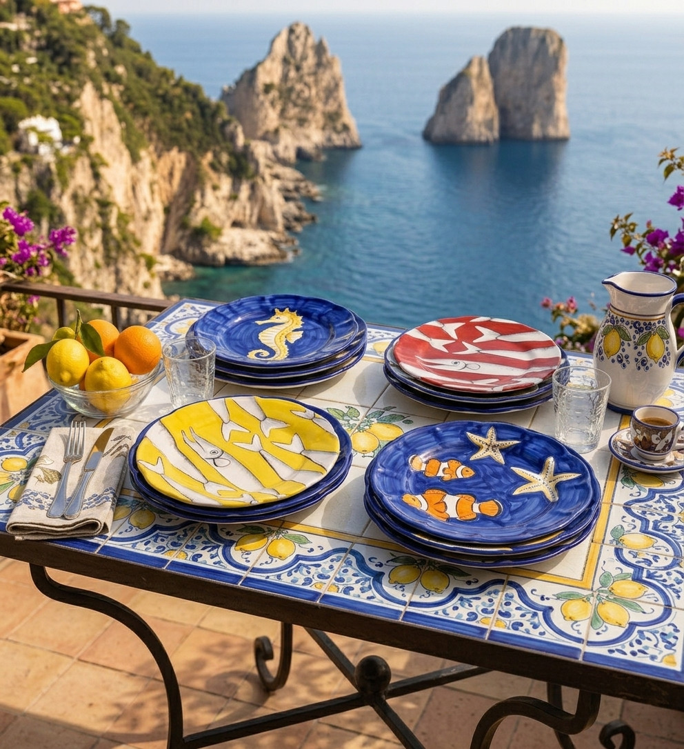 Servizio di piatti in ceramica dipinta a mano con decorazioni di pesci e motivi marini, ispirato ai colori del Mediterraneo e allo stile di Amalfi, Positano e Costiera Amalfitana.