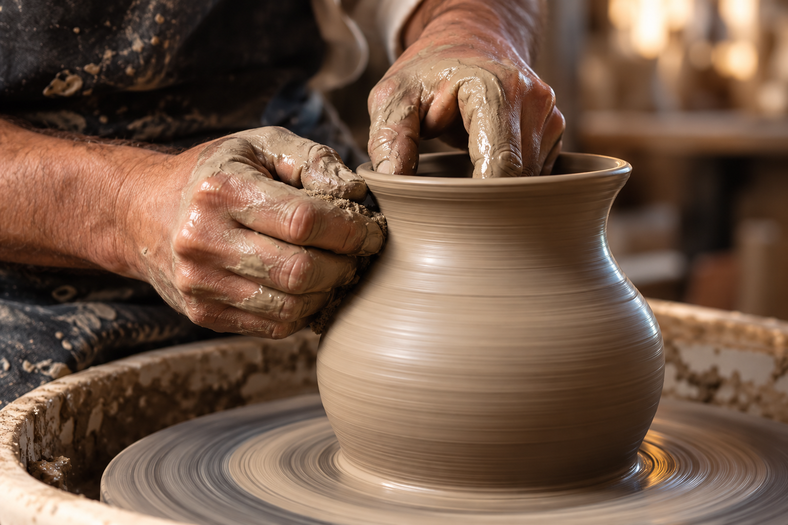 Custom handmade ceramic vase with bespoke design, crafted by skilled artisans on a pottery wheel.