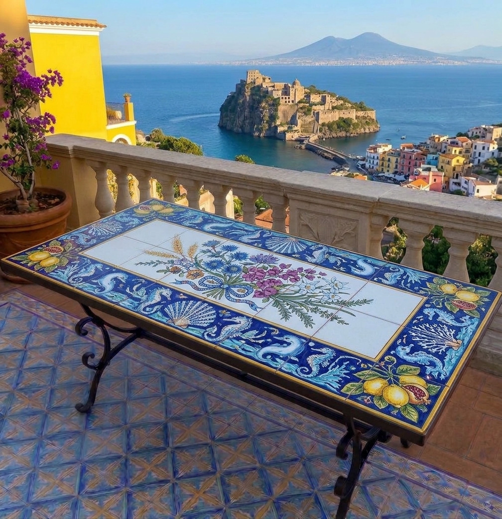 Tavolo Amalfi dipinto a mano con piastrelle in ceramica artigianale, ispirato allo stile della Costiera Amalfitana