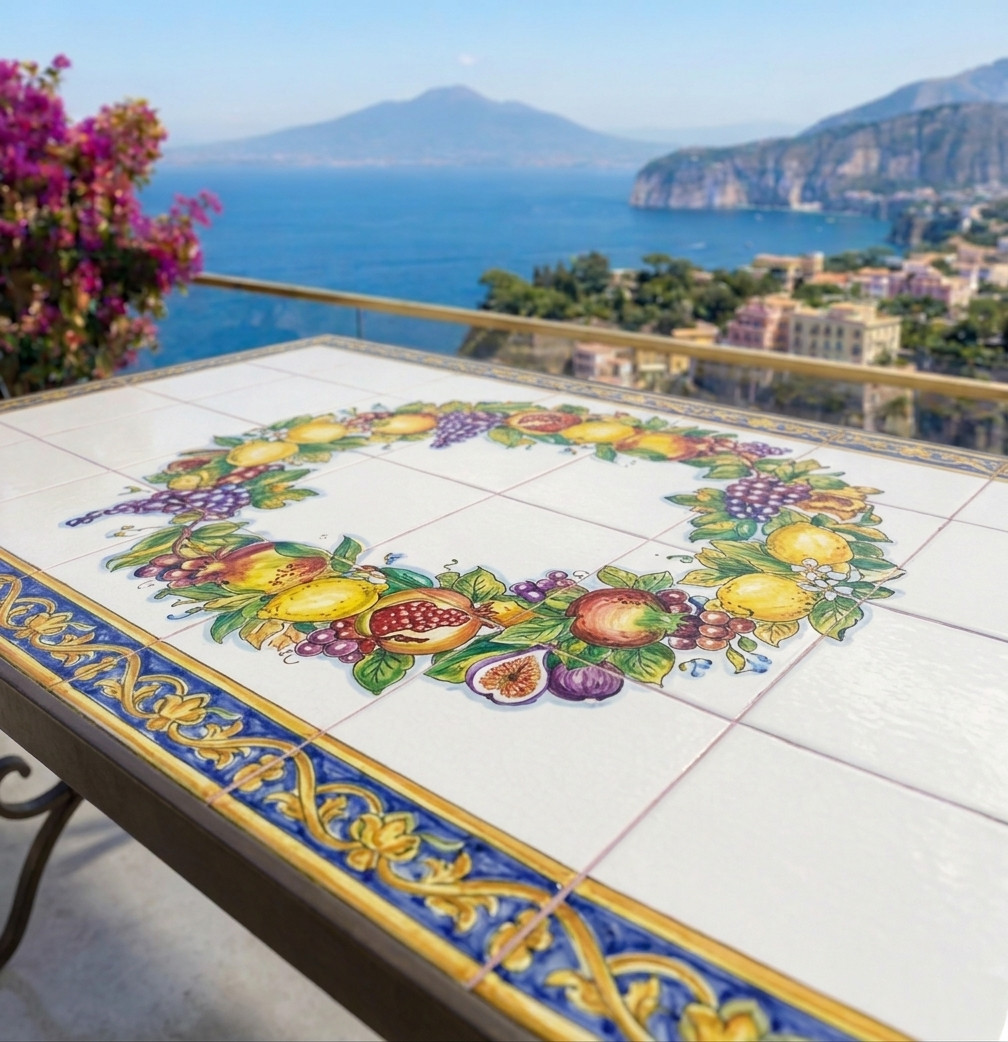 Tavolo dipinto a mano con piastrelle in ceramica artigianale, ispirato allo stile della Costiera Amalfitana