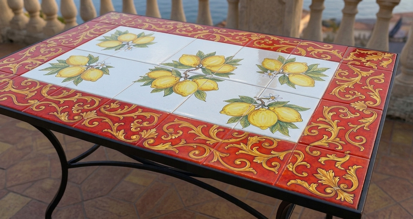 Tavolo dipinto a mano con piastrelle in ceramica artigianale, ispirato allo stile della Costiera Amalfitana