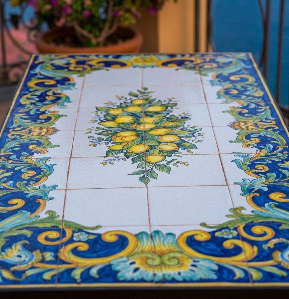 Tavolo dipinto a mano Sorrento con piastrelle in ceramica artigianale, ispirato allo stile della Costiera Amalfitana