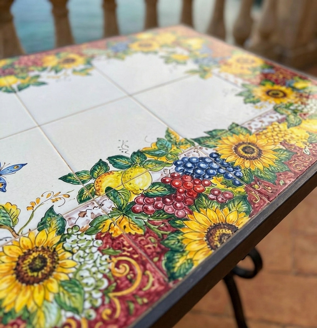 Tavolo dipinto a mano Capri con piastrelle in ceramica artigianale, ispirato allo stile della Costiera Amalfitana
