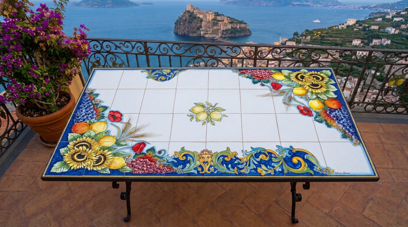 Tavolo dipinto a mano Capri con piastrelle in ceramica artigianale, ispirato allo stile della Costiera Amalfitana